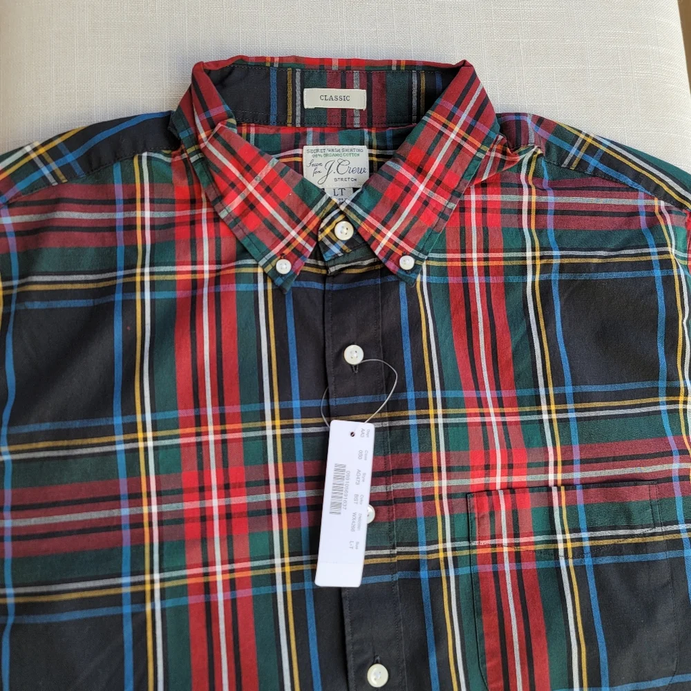 New! J.CREW sz L Tall Mens Secret Wash Cotton Poplin Shirt Black Tartan NWT